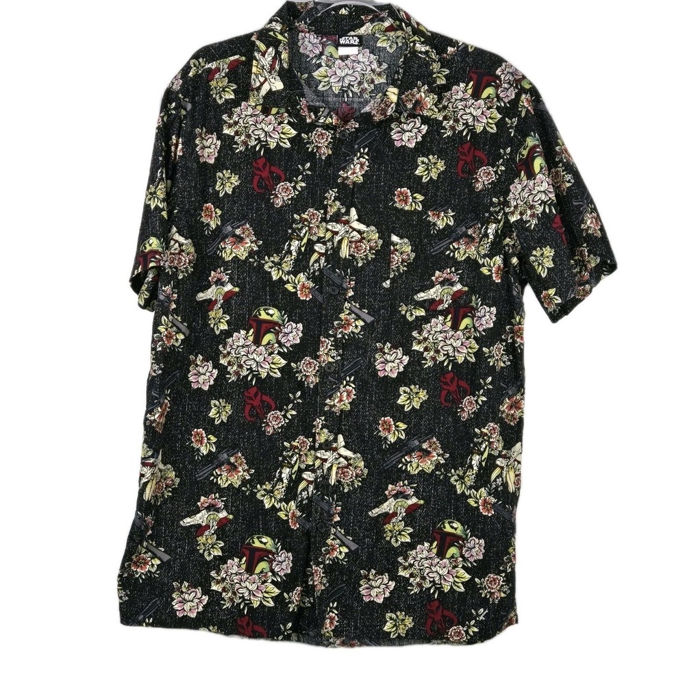 Star Wars Mens‎ Hawaiian Shirt Black Boba Fett Floral Short Sleeve Size L Cotton